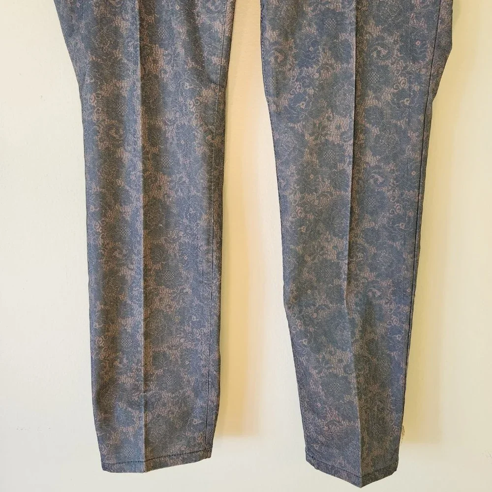 Ink Denim Bluegreen/Gold Brocade Paisley Floral Damask Stretch Pants Size 12